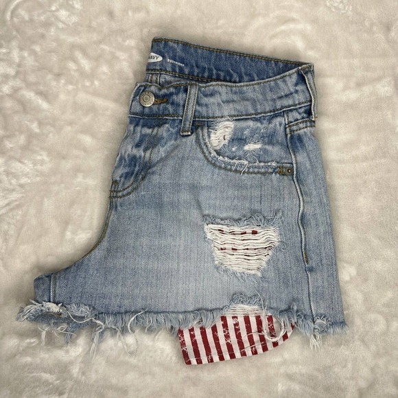 Old Navy Boyfriend Blue Stars & Stripes Mid Rise Cut-Off Denim Jean Shorts Sz 0 - Picture 2 of 10
